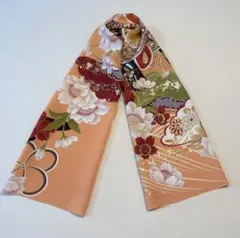 京友禅　はぎれ〈5814〉幅27cm 金彩　コーラルオレンジ地　桜　捻り梅