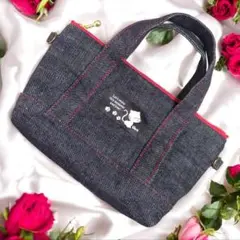 岡山デニム　猫柄　トートバッグ型ミニポーチ　ファスナーポーチ No.191