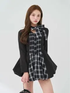 チェックストライプバルーンミニワンピース