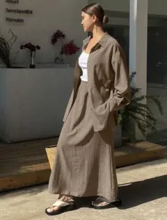 リネン セットアップ ブラウン テーラードジャケット ロングスカート 春夏 LL