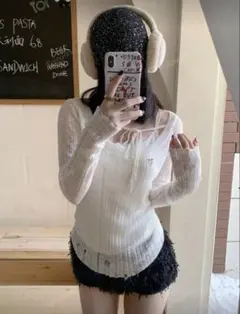 リボン付きホワイトリブニット アプリコット ホワイト シアー 透け