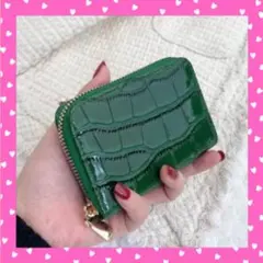 クロコ型押しミニ財布カードケース大容量じゃばらコンパクトミニウォレットグリーン
