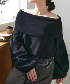 DISCOATディスコートモチモチオフショルプルオーバー　ブラック