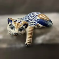 ヴィンテージ メキシコ　トナラ焼　陶器製 猫の置物 ハンドペイント 飾り物