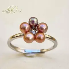 本真珠淡水無核パール　マルチカラーお花モチーフs925リングY933