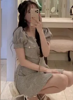 GRL ツイードスクエアネックフレアミニワンピース グレーS