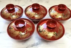 【未使用】山中漆器 蓋付き吸物椀 5客セット 松文様 金彩 朱塗 雑煮椀 お祝い
