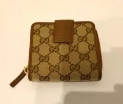 【美品】GUCCI 二つ折り財布 ラウンドジップ GG柄 キャンバス ブラウン