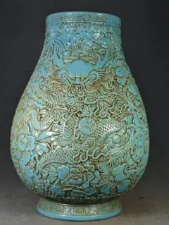 清時代　乾隆年製　孔雀蓝　浮雕龙尊　陶器 龍紋 花瓶 壺 彫刻 古美術 骨董品 清時代 乾隆年製 孔雀蓝 浮雕龙尊 陶器 龍紋 花瓶 壺 彫刻 古美術 骨董