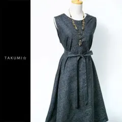 着物リメイク 大島紬 斜め切り替え ワンピース 紺系 幾何学柄 L