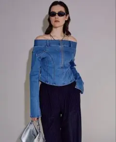 Off Shoulder Stretch Denim Topsのサムネイル