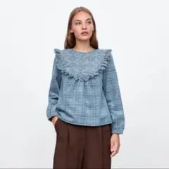 ZARA 刺繍フリルネック 青 チェックシャツ