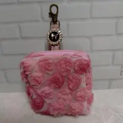 ハンドメイド ミニポーチ ピンク ローズモチーフ
