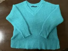 美品KBF+ターコイズ Vネック 長袖ニットセーター