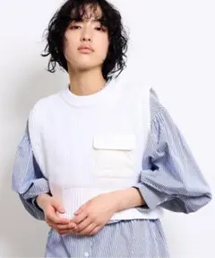 THE YOn ビッグ胸ポケットアクセント両畦編みコンパクトニットベスト