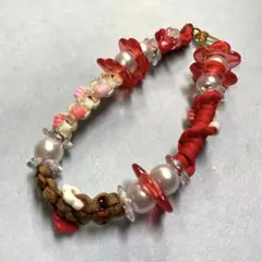 携帯ストラップ　スマホストラップ　パラコード　赤　茶色　白　お花　パール