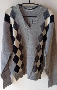 Tee-Joy アーガイル柄 Vネックセーター グレー
