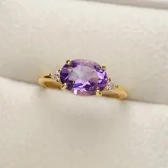 天然ブラジル産アメジスト 大粒 シンプルデザイン S925銀 18KGP リング