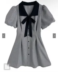 配色リボン千鳥柄パフスリーブミニワンピース