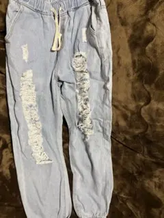 ライトブルー ダメージデニムパンツ L