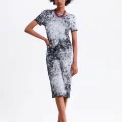 ZARA 半袖ひざ丈ワンピース モノクロ