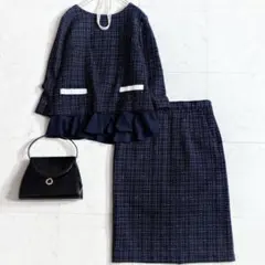 極美品【大きいサイズL】ツイード スカートセットアップ スーツ セレモニー 濃紺