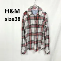 H&M▶長袖シャツ 白 赤 チェック柄 胸ポケット サイズ38 綿100%のサムネイル