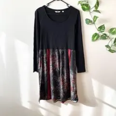 ハンドメイド 長袖カットソー 花柄ワンピース フレアスカート 異素材