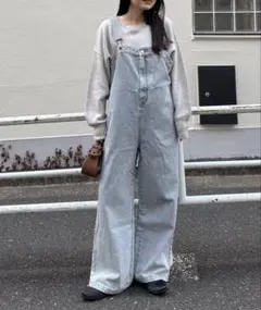 DouDou デニムオールインワン サロペット ワイドレッグ フリーサイズ