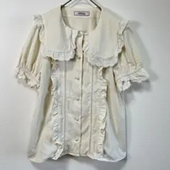 【Ank Rouge】オフホワイト レース半袖ブラウス 大ぶりフェミニン襟M