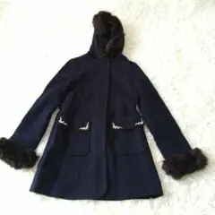 Ferouxフェルゥネイビー ファー付きウールコートビジュ