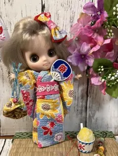 ネオブライスアウトフィット♡白地アサガオと金魚の浴衣＆作り帯セット