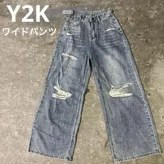 Y2K ダメージ ワイドデニム ハイウエスト 韓国系 バギーパンツ S