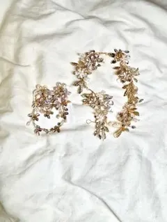 ウェディング 髪飾り ピアス セット 小枝 パール ビジュー 前撮り 二次会