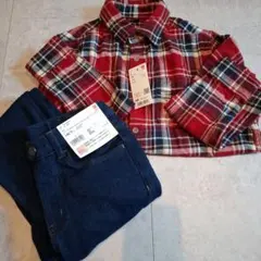 チェック柄シャツとデニムパンツセット 140