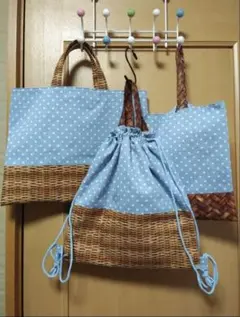入園入学グッズ　ハンドメイド　かご柄　レッスンバッグ靴入れ靴袋体操着袋お着替え袋