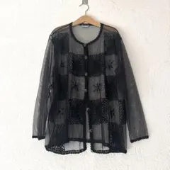 レトロシースルーネットチュールレース刺繍シアーカーディガン黒vintageのサムネイル