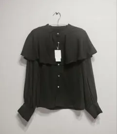 ケープ トロミ フリル 長袖 ブラウス イング ブラック