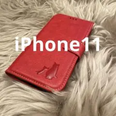 iPhone11 手帳型スマホケース　レザー　赤　猫　仔猫　シンプル　可愛い