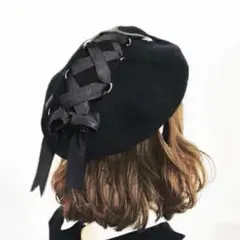 黒編み上げサテンりぼんフェルトベレー帽