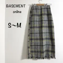 美品 ベースメントオンライン チェック柄タイトスカート 裾フリンジ S〜M
