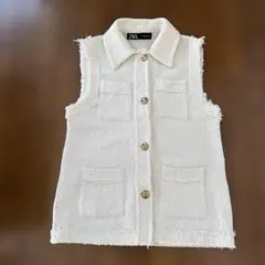 ZARA 白　フリンジトリムテクスチャーベスト