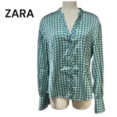 ZARA 幾何学柄 長袖ブラウス Lサイズ グリーン×ブルー サテン調