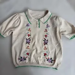 花柄刺繍 パフスリーブ 半袖ニット