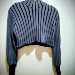 アンジェム グレーとブラックのストライプクロッブドニット