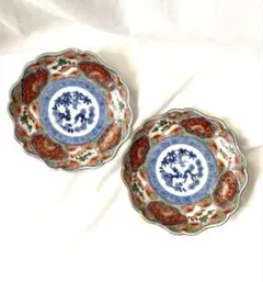 大聖寺伊万里 金襴手 窓絵鳳凰 松竹梅文 輪花皿 五寸皿 2枚セット 骨董