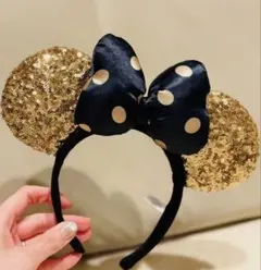 【東京ディズニーリゾート】ミニーカチューシャゴールドスパンコール ブラックリボン
