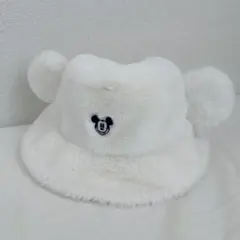 ミッキー　ホワイトファーキャップ バケットハット もこもこ 白　ディズニー