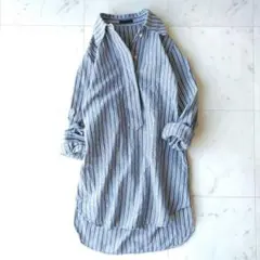 174 ナイン 綿麻 リネン混 チュニック シャツ ブラウス ブルー ストライプ