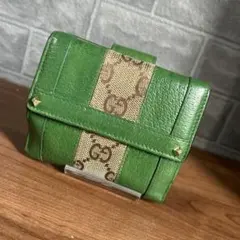 【美品】グッチ希少グリーンキャンパスコンパクト財布